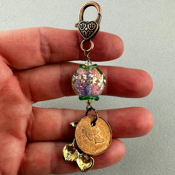 LUCKY PENNY CHARM WITH A HANDMADE GLASS BEAD AND CHERRY CHARM