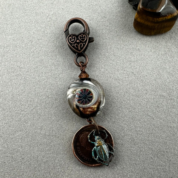 LUCKY PENNY CHARM WITH HANDMADE GLASS BEAD AND SCARAB CHARM II