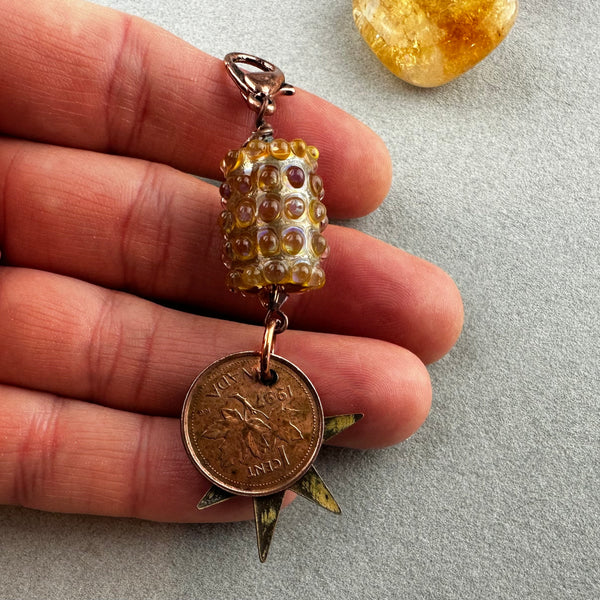 LUCKY PENNY CHARM WITH HANDMADE GLASS BEAD AND STAR CHARM