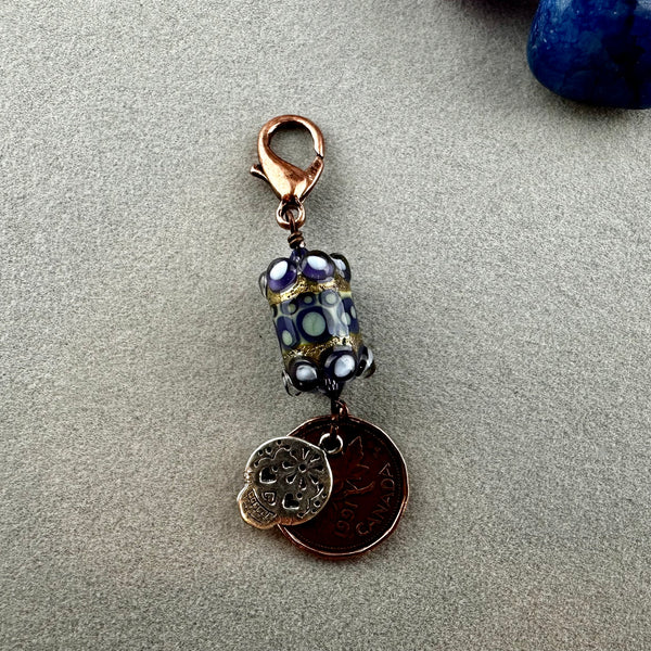 LUCKY PENNY CHARM WITH HANDMADE GLASS BEAD AND SKULL II