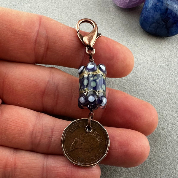 LUCKY PENNY CHARM WITH HANDMADE GLASS BEAD AND SKULL II