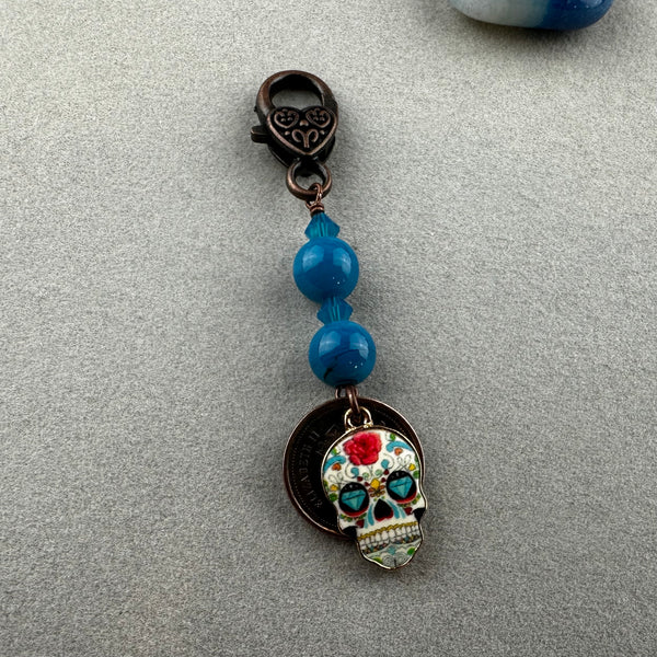 LUCKY PENNY CHARM WITH HANDMADE GLASS BEAD AND SKULL