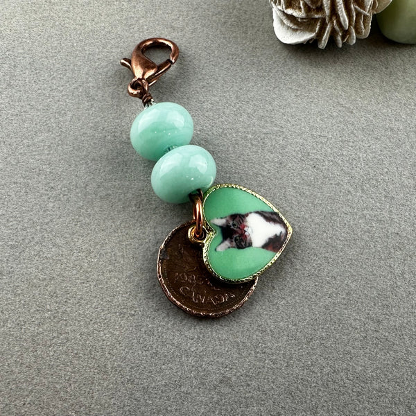 LUCKY PENNY CHARM WITH HANDMADE GLASS BEADS AND CAT CHARM