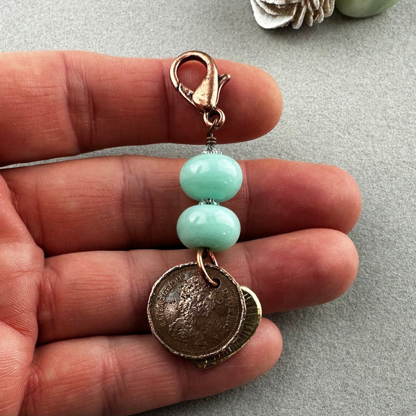 LUCKY PENNY CHARM WITH HANDMADE GLASS BEADS AND CAT CHARM