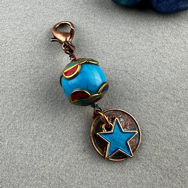 LUCKY PENNY CHARM WITH HANDMADE GLASS BEAD AND STAR CHARM III
