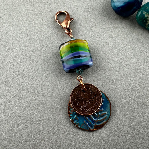 LUCKY PENNY CHARM WITH HANDMADE GLASS BEAD AND AMETHYST CHARM