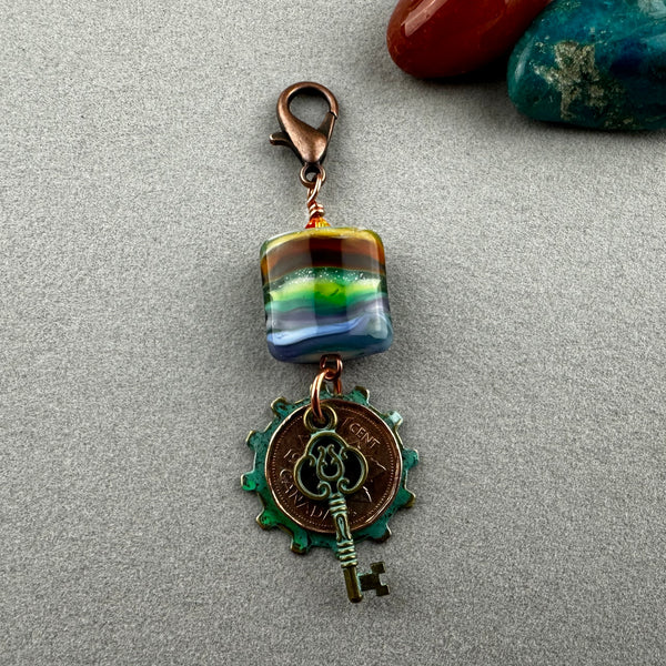 LUCKY PENNY CHARM WITH HANDMADE GLASS BEAD WITH KEY AND GEAR CHARMS