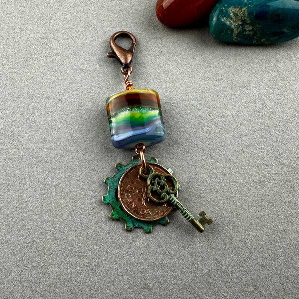 LUCKY PENNY CHARM WITH HANDMADE GLASS BEAD WITH KEY AND GEAR CHARMS