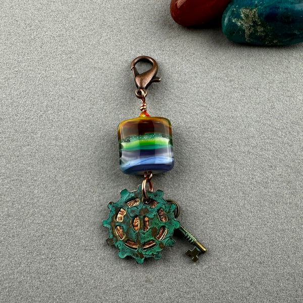 LUCKY PENNY CHARM WITH HANDMADE GLASS BEAD WITH KEY AND GEAR CHARMS