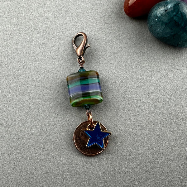 LUCKY PENNY CHARM WITH HANDMADE GLASS BEAD AND STAR CHARM II