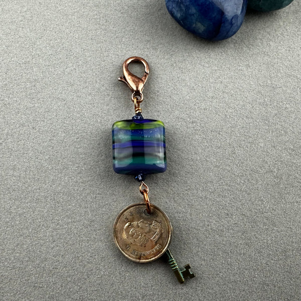 LUCKY PENNY CHARM WITH HANDMADE GLASS BEAD AND KEY CHARM
