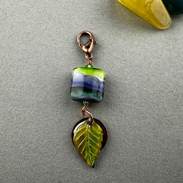 LUCKY PENNY CHARM WITH HANDMADE GLASS BEAD AND LEAF