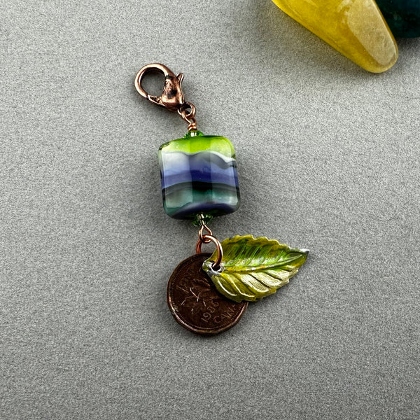 LUCKY PENNY CHARM WITH HANDMADE GLASS BEAD AND LEAF
