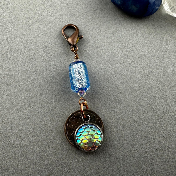 LUCKY PENNY CHARM WITH HANDMADE GLASS BEAD AND MERMAID CHARM