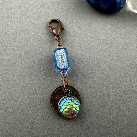 LUCKY PENNY CHARM WITH HANDMADE GLASS BEAD WITH KEY AND GEAR CHARMS