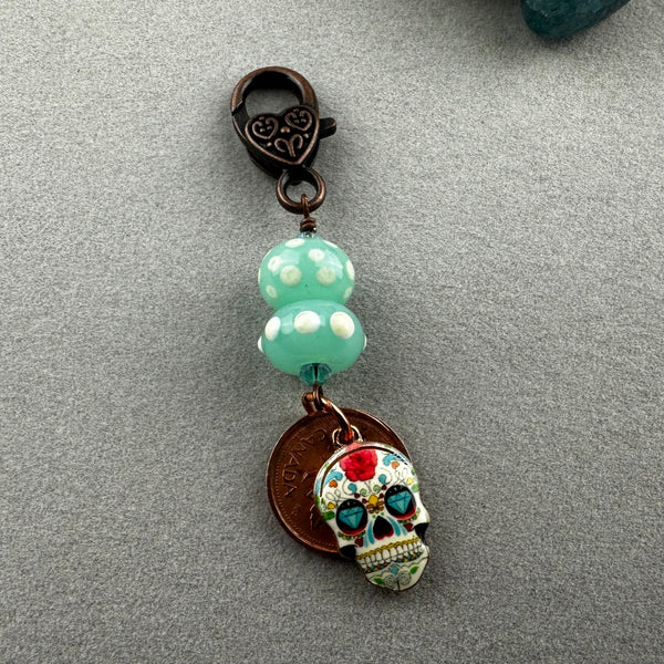 LUCKY PENNY CHARM WITH HANDMADE GLASS BEAD AND SKULL III