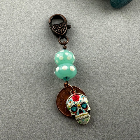 LUCKY PENNY CHARM WITH HANDMADE GLASS BEAD AND LEAF
