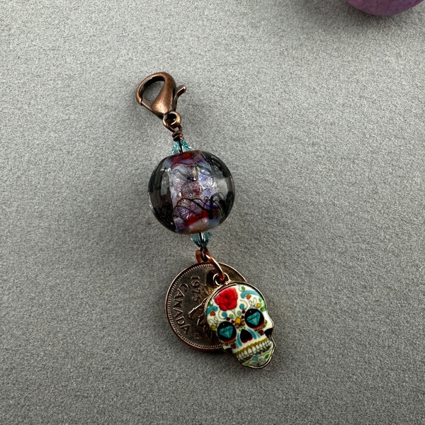 LUCKY PENNY CHARM WITH HANDMADE GLASS BEAD AND SKULL IV