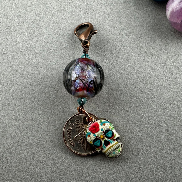 LUCKY PENNY CHARM WITH HANDMADE GLASS BEAD AND SKULL IV