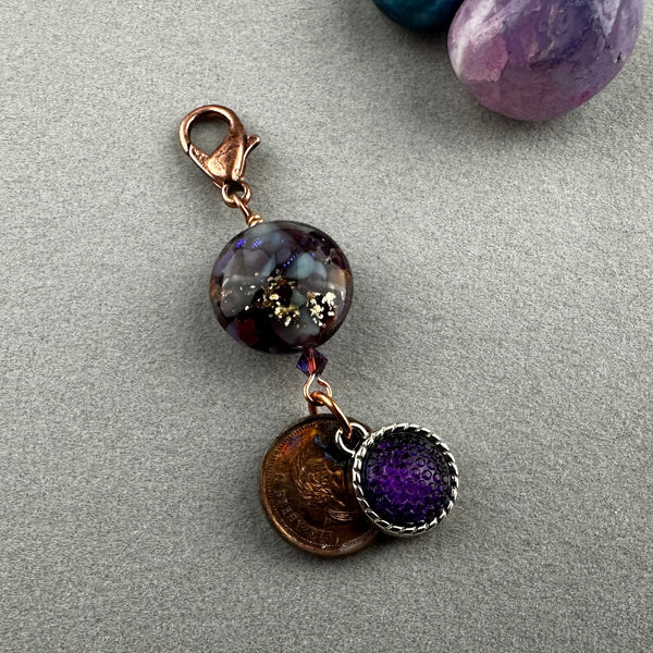 LUCKY PENNY CHARM WITH HANDMADE GLASS BEAD AND AMETHYST CHARM