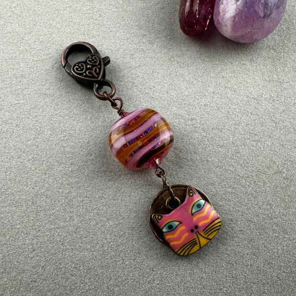 LUCKY PENNY CHARM WITH HANDMADE GLASS BEAD AND CAT CHARM