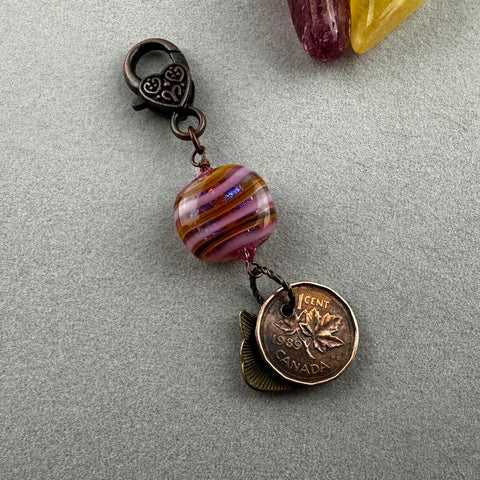 LUCKY PENNY CHARM WITH HANDMADE GLASS BEAD AND CAT CHARM