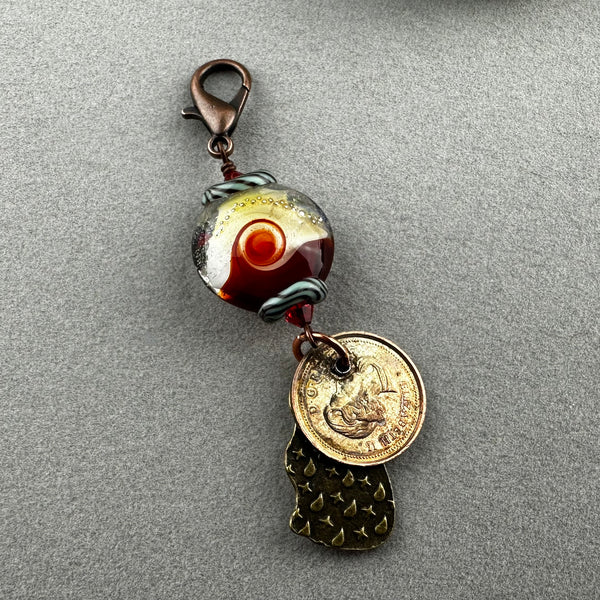 LUCKY PENNY CHARM WITH HANDMADE GLASS BEAD AND CAT CHARM II