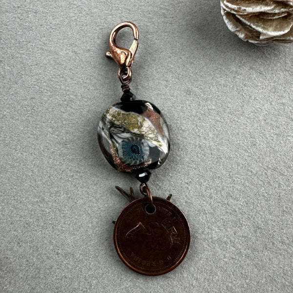 LUCKY PENNY CHARM WITH HANDMADE GLASS BEAD AND SWALLOW CHARM