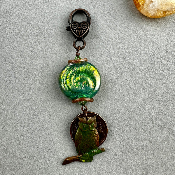 LUCKY PENNY CHARM WITH HANDMADE GLASS BEAD AND OWL CHARM II