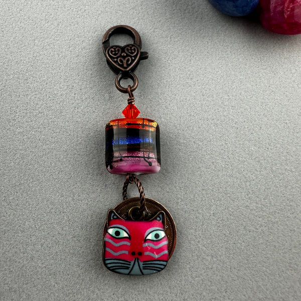 LUCKY PENNY CHARM WITH HANDMADE GLASS BEAD AND CAT CHARM II