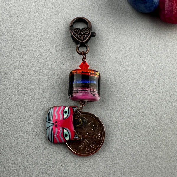 LUCKY PENNY CHARM WITH HANDMADE GLASS BEAD AND CAT CHARM II
