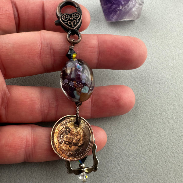 LUCKY PENNY CHARM WITH HANDMADE GLASS BEAD AND CRYSTAL PEWTER FRAME