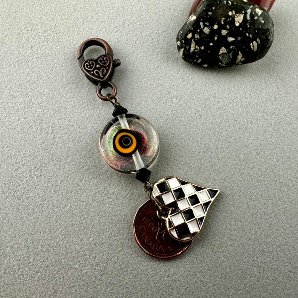 LUCKY PENNY CHARM WITH HANDMADE GLASS BEAD AND HEART CHARM