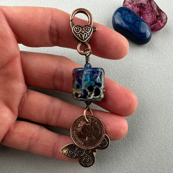 LUCKY PENNY CHARM WITH HANDMADE GLASS BEAD AND BUTTERFLY CHARM