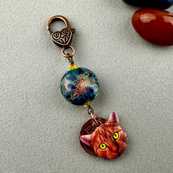 LUCKY PENNY CHARM WITH HANDMADE GLASS BEAD AND CAT CHARM
