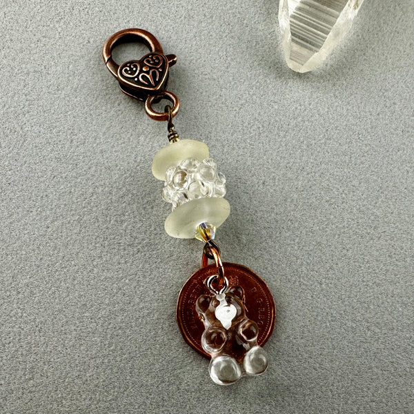 LUCKY PENNY CHARM WITH HANDMADE GLASS BEAD AND GUMMY BEAR CHARM