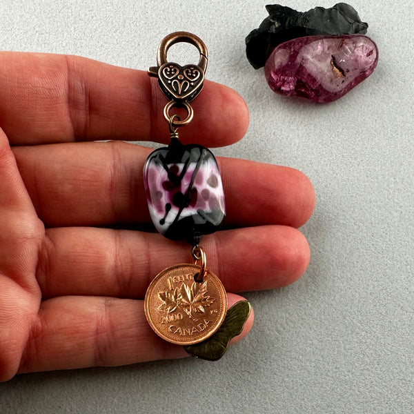 LUCKY PENNY CHARM WITH HANDMADE GLASS BEAD AND DOG CHARM
