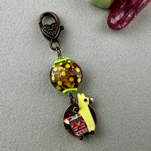 LUCKY PENNY CHARM WITH HANDMADE GLASS BEAD AND LLAMA CHARM