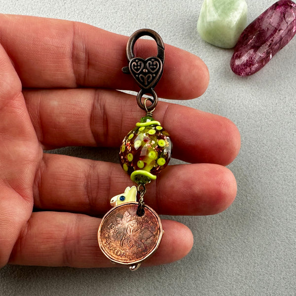 LUCKY PENNY CHARM WITH HANDMADE GLASS BEAD AND LLAMA CHARM
