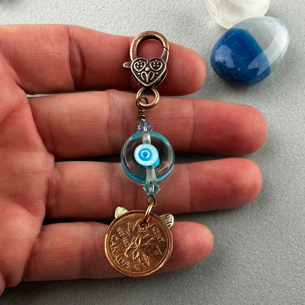 LUCKY PENNY CHARM WITH HANDMADE GLASS BEAD AND BUTTERFLY CHARM V