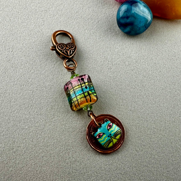 LUCKY PENNY CHARM WITH HANDMADE GLASS BEAD AND CAT CHARM V
