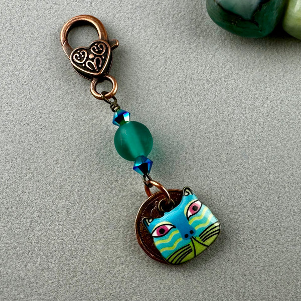 LUCKY PENNY CHARM WITH HANDMADE GLASS BEAD AND CAT CHARM VII