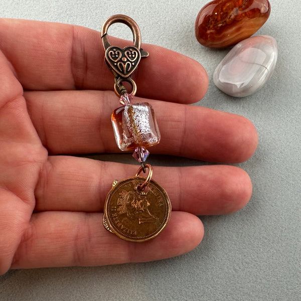 LUCKY PENNY CHARM WITH HANDMADE GLASS BEAD AND CAT CHARM XI