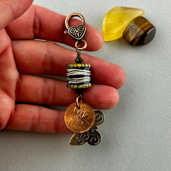 LUCKY PENNY CHARM WITH HANDMADE GLASS BEAD AND BUTTERFLY CHARM VI
