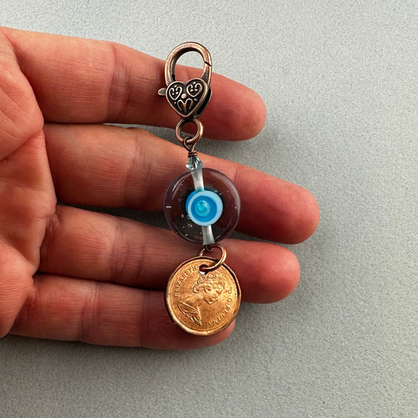 LUCKY PENNY CHARM WITH HANDMADE GLASS BEAD AND MERMAID CHARM
