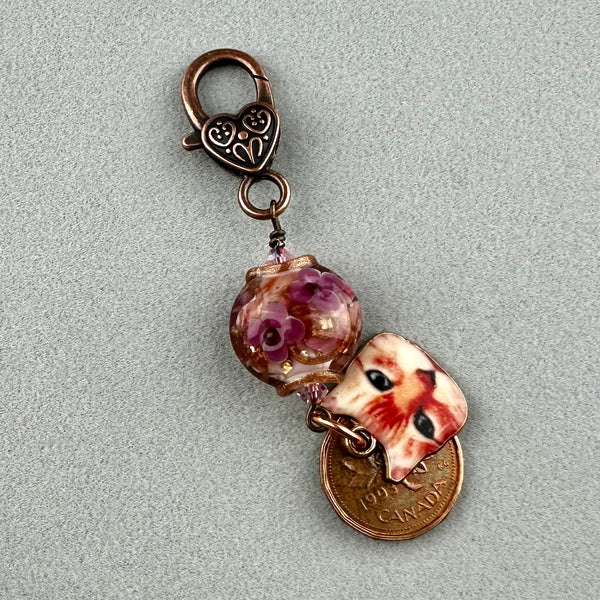LUCKY PENNY CHARM WITH HANDMADE GLASS BEAD AND CAT CHARM XI