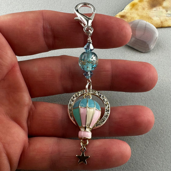 LUCKY SILVER CHARM DROP WITH A HANDMADE GLASS BEAD AND A HOT AIR BALLOON CHARM
