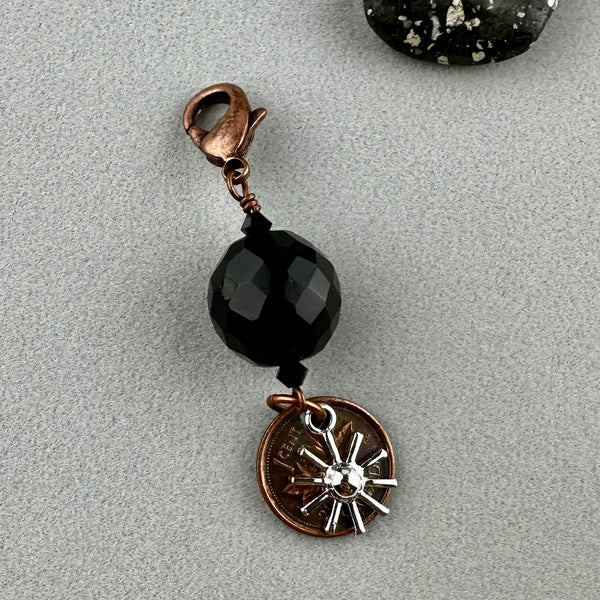 LUCKY PENNY CHARM WITH FACETED BLACK BALL AND SILVER SUN CHARM