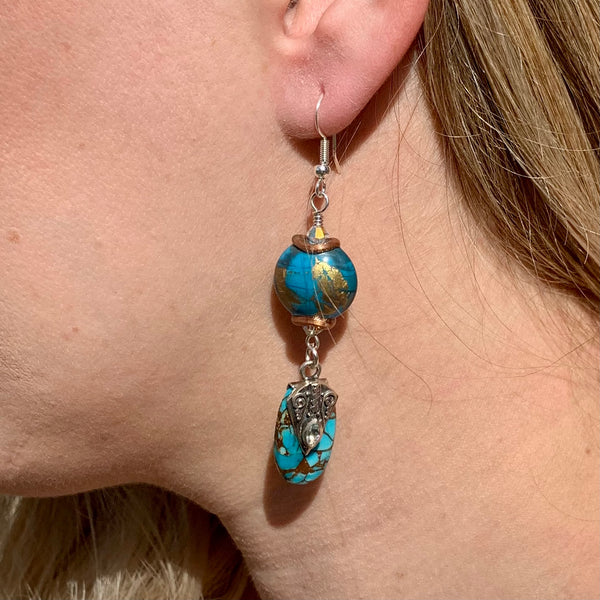 PHARAOH ~ HANDMADE GLASS BEAD EARRINGS WITH GEMSTONES