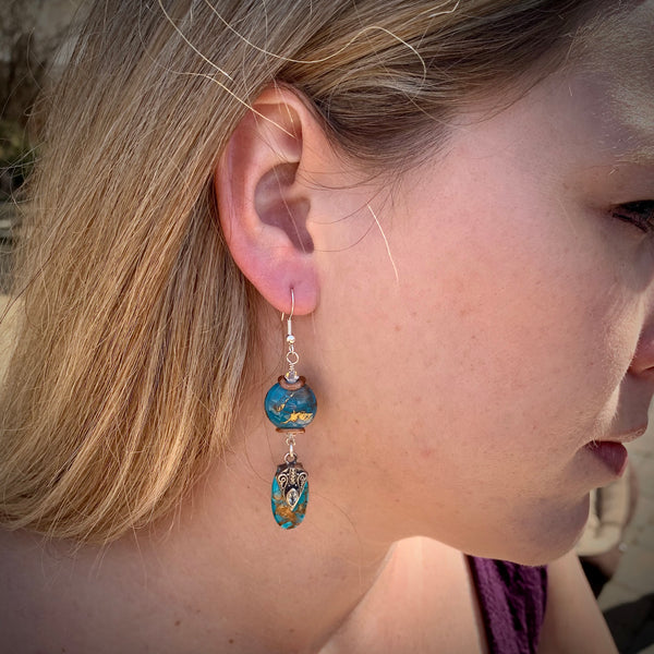 PHARAOH ~ HANDMADE GLASS BEAD EARRINGS WITH GEMSTONES